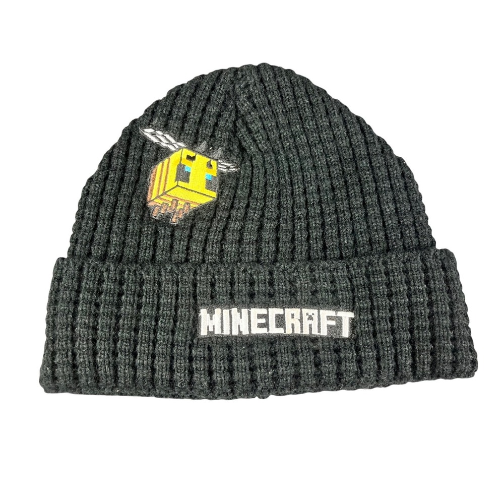 Minecraft Bee Embroidered Ribbed Cuffed Beanie Hat Charcoal Grey Fleece Lined